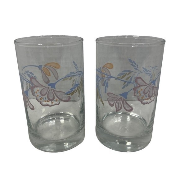 Vintage Libbey Crisa Floral Print Breakfast Juice Glasses Blue Pink 5 Oz 2 Set - Picture 10 of 11